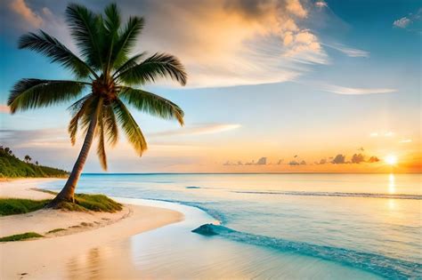 Premium Photo | A palm tree on a beach at sunset