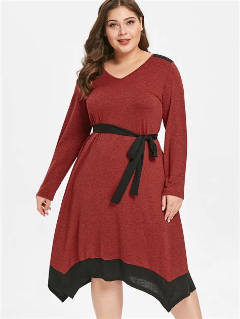 Wipalo Plus Size V Neck Long Sleeves Contrast Hem Dress Women Dresses