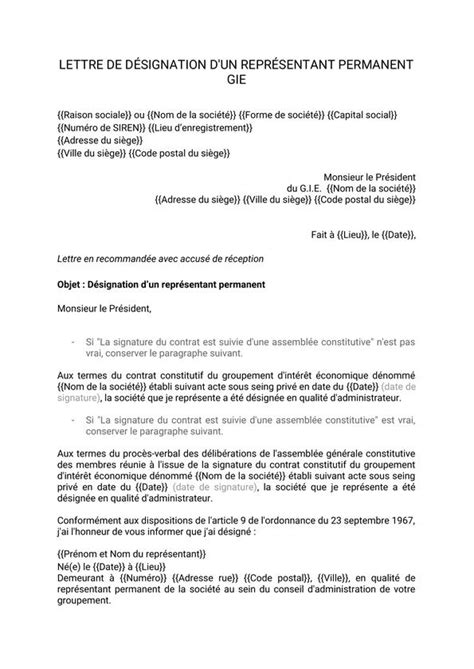 Lettre de désignation d un représentant permanent GIE modèle gratuit