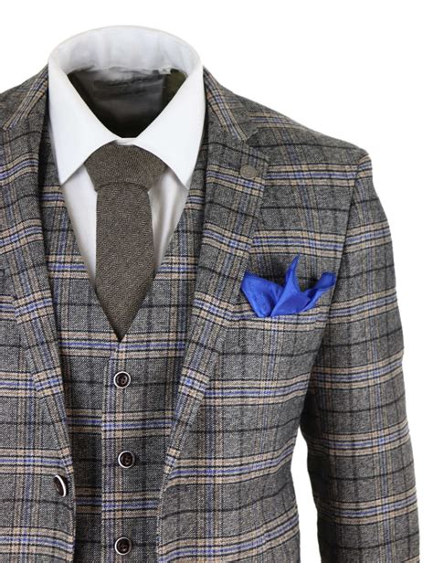 Mens Grey 3 Piece Tweed Check Suit Buy Online Happy Gentleman