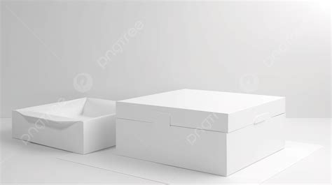 Two White Boxes And A Tray In Front Of White Walls Background 3d Rendering Empty White Box