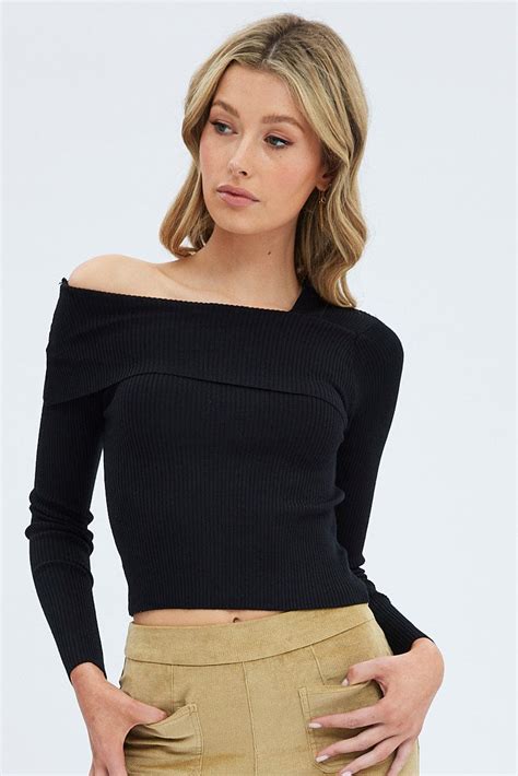 Black Knit Top Off The Shoulder Ribbed Ally Fashion