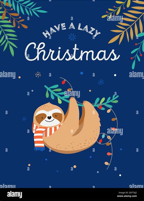 Cute Sloth Funny Christmas Illustrations With Santa Claus Scarf