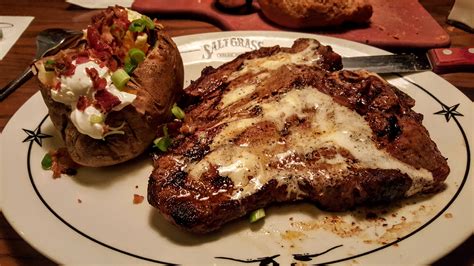 Ribeye And Baked Potato At Saltgrass Steak House Food Ribeye Food And Drink