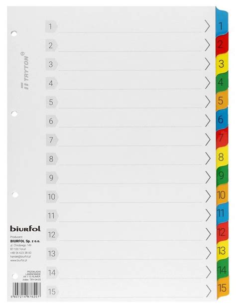 Przekładki kartonowe laminowane A4 numerowane 1 15 TRY 04 05 Cena