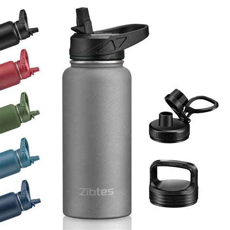 Zibtes 32 oz Insulated Water Bottle With Straw,3 Lids(Flip, Spout and ...