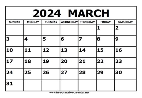 Free Printable March 2024 Calendar