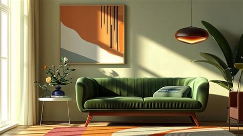 Premium Photo | Green Modern Sofa in Retro Living Room