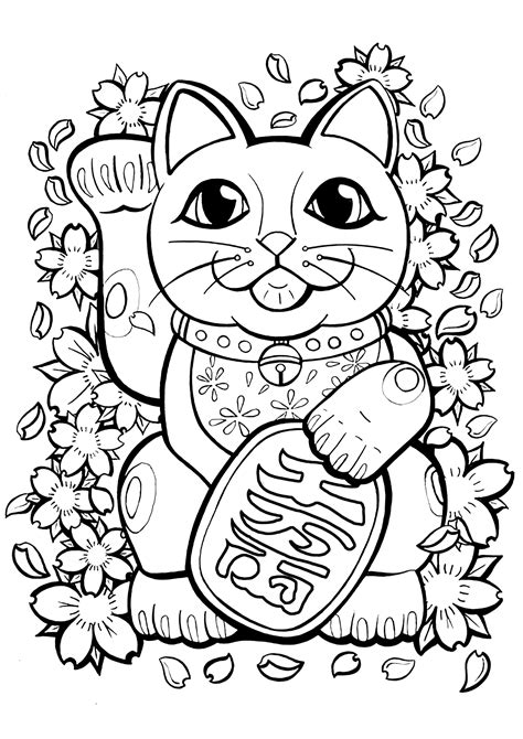 Maneki Neko avec fleurs et feuilles Coloriages de Japon à imprimer