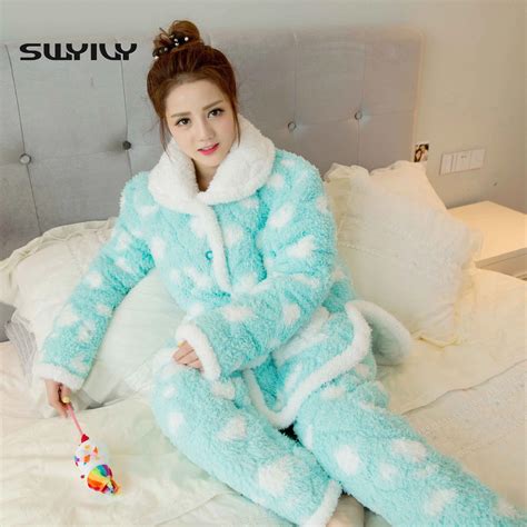 Women Winter Flannel Pajamas Female Winter Thick Warm Coral Velvet Pajamas Suits Long Pants Cute ...