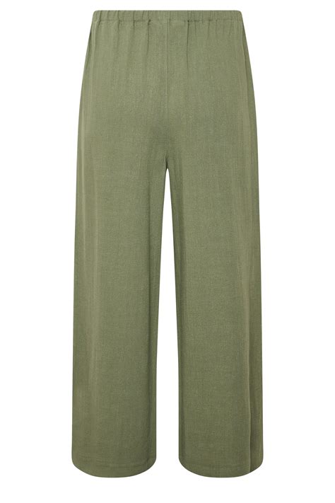 Lts Tall Women S Khaki Green Linen Tie Waist Cropped Trousers Long