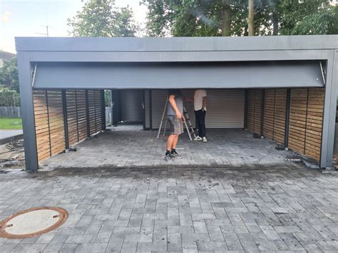 Design Metallcarport Mit Sektionaltor Doppelcarport Und Schuppen