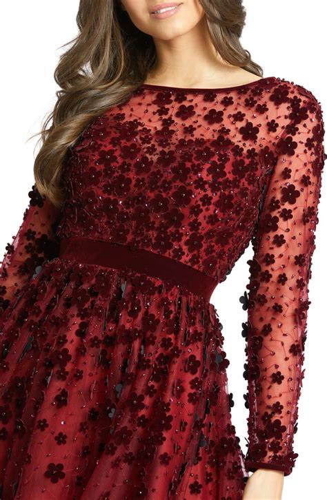 Mac Duggal Long Sleeve Fit And Flare Velvet Embellished Cocktail Dress