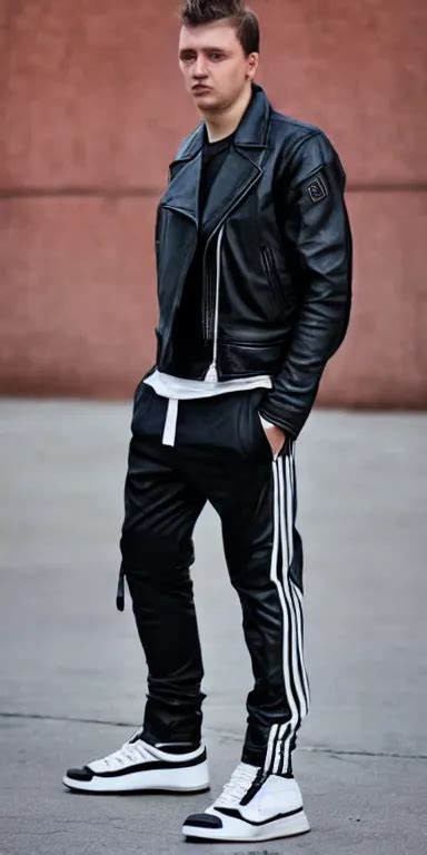 Gopnik In A Black Leather Jacket White Adidas Pants Stable Diffusion