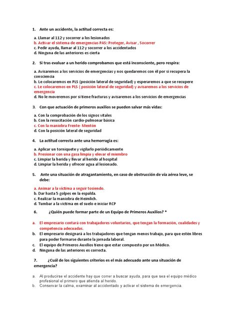 Examen Primeros Auxilios Pdf Primeros Auxilios Especialidades Medicas