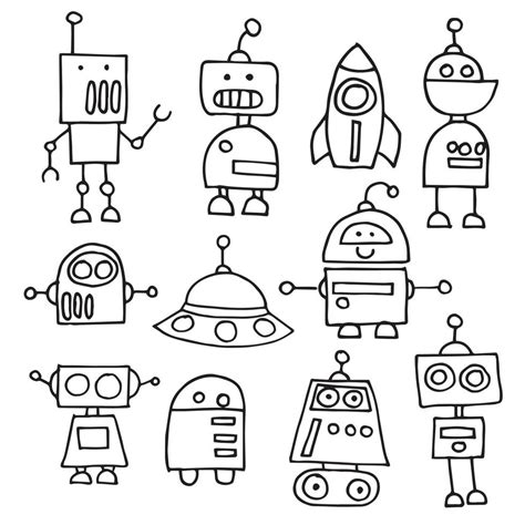 Dibujo Vectorial En Estilo Garabato Conjunto De Lindos Robots Dibujo