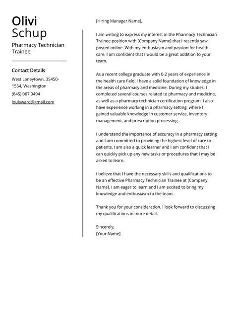 Pharmacy Technician Trainee Cover Letter Example Free Guide