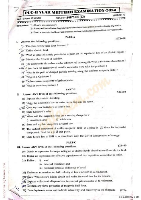 Karnataka 2nd Puc Physics Mid Term Question Paper 2024 Download Pdf