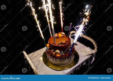 Birthday Cake With Fireworks Stock Image Image Of Bright Cake 83826553