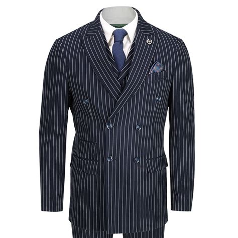 Mens Navy 3 Piece Double Breasted Chalk Stripe Suit Classic Vintage