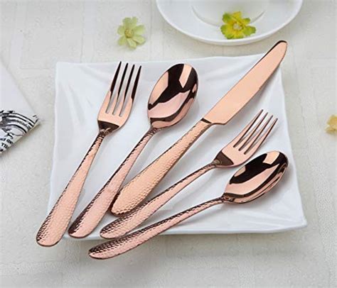 Rose Gold Silverware Set Stainless Steel Hammered Lines Pieces