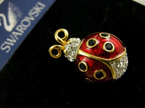 SIGNED SWAROVSKI PAVE CRYSTAL LADYBUG NECKLACE PIERCED EARRING SET