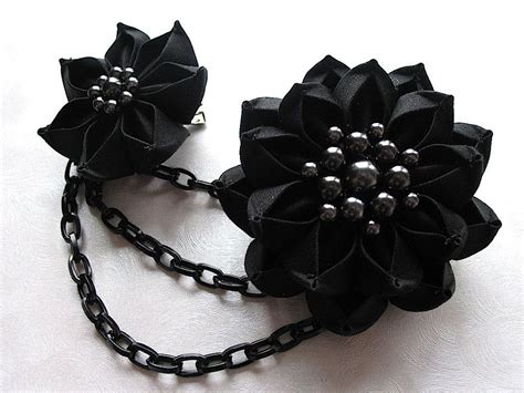 American Gothic Black Kanzashi Flower Hair Clips With Black Etsy