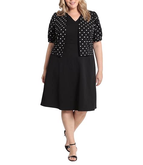 London Times Plus Size Polka Dot Puff Sleeve Piece Jacket Dress