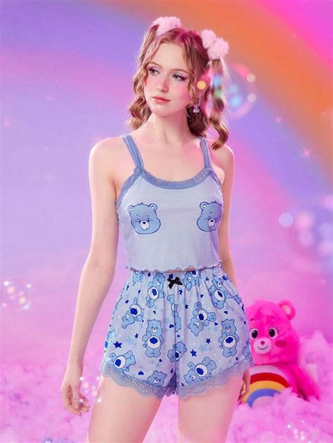 Romwe X Care Bears Cartoon Bear Print Contrast Lace Pj Set Shein Usa