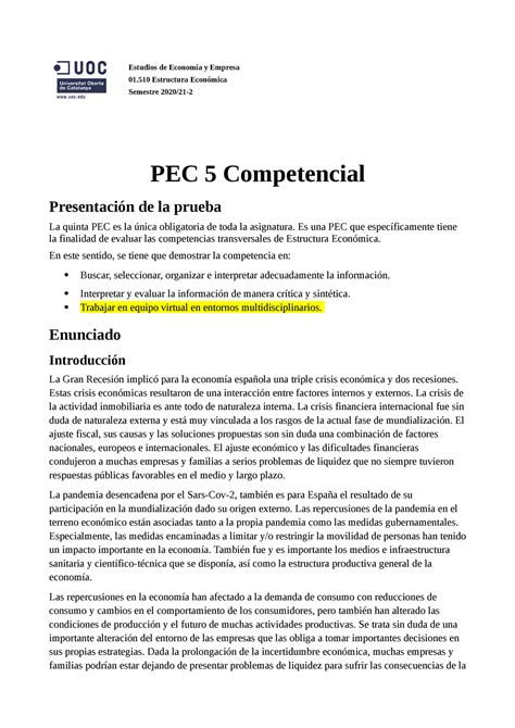 Estructura Economica Enunciado Pec Estudios De Econom A Y