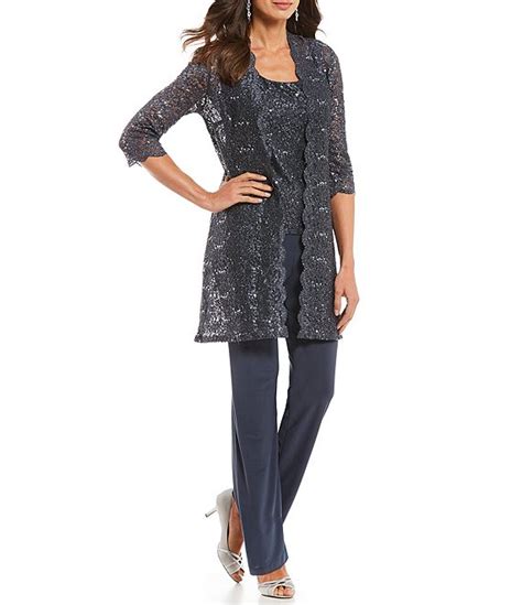 R And M Richards 3 Piece Sequin Glitter Scallop Lace Duster Pant Set