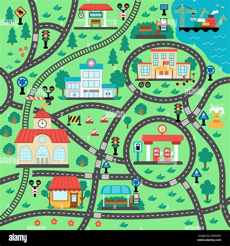 City transport map. Square shaped background with railway, roads, traffic signs for kids. Vector ...