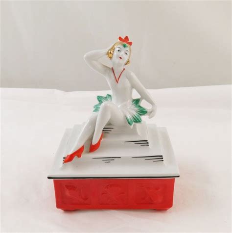 Art Deco Germany Porcelain Flapper Lady Trinket Box