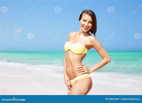 Happy Woman In Bikini Posing On Summer Beach Stock Photo Image Of