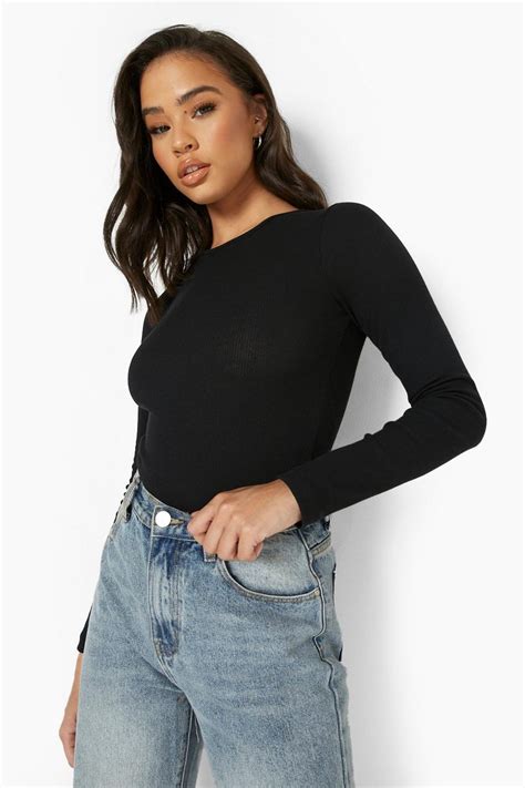 Womens Rib Crew Neck Long Sleeve Bodysuit Boohoo Uk