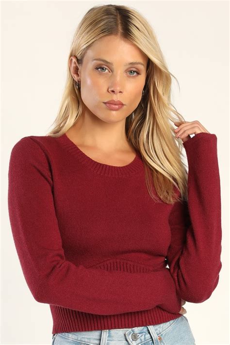 Cute Burgundy Top Long Sleeve Sweater Top Corset Seamed Top Lulus