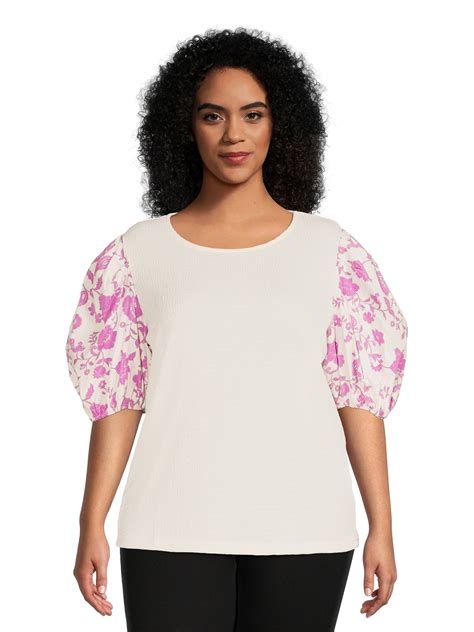 The Get Womens Plus Size Puff Sleeve Textured Top