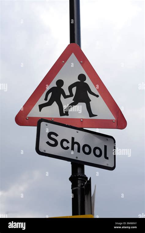 British School Crossing Ahead Warning Road Sign Stock Photo Alamy