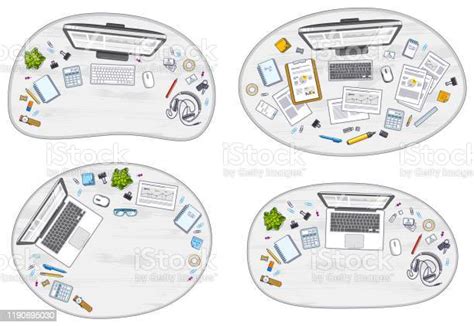 사무실 책상 작업 공간 Pc와 노트북 및 작업 오버 헤드 모양에 대 한 다양 한 문구 개체와 상단 보기 모든 요소는 개별적으로