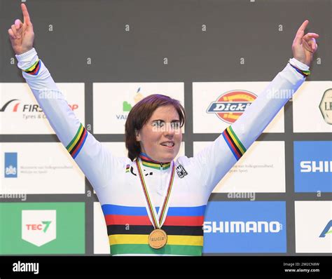 Belgian Sanne Cant Celebrates On The Podium After Winning The Women