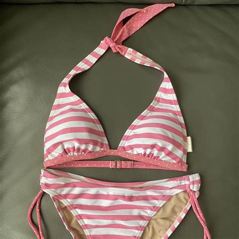 Japanese Pink White Striped Bikini With Skirt Size S Depop