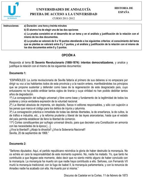 Examen De Selectividad Historia De Espa A Andaluc A Convocatoria