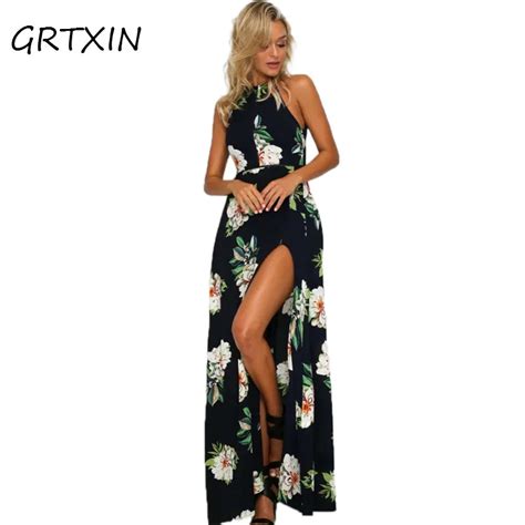 New Floral Print Halter Chiffon Long Dress Women Backless Summer Maxi