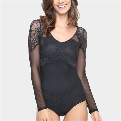 Body Valisere Manga Longa Tule Rendado Preto Zattini