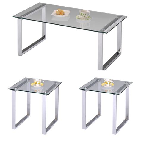 3 Piece Chrome Metal And Tempered Glass Top Occasional Modern Coffee Cocktail And 2 End Table Set