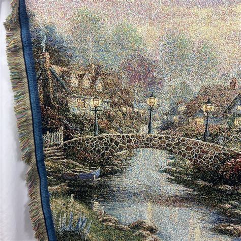 Thomas Kinkade Tapestry Throw Blanket Afghan Bridge Houses 65x 45 Vtg