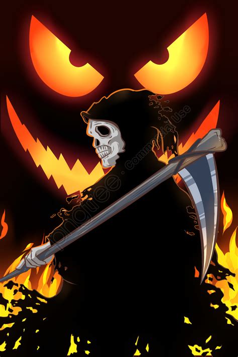 Halloween Ghost Grim Reaper Flame Pumpkin Lantern Sickle Halloween