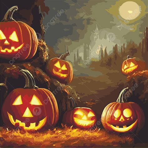 Spooky Halloween Card With Glowing Pumpkins And Fantasy House Vector Layout Poster Vector Png