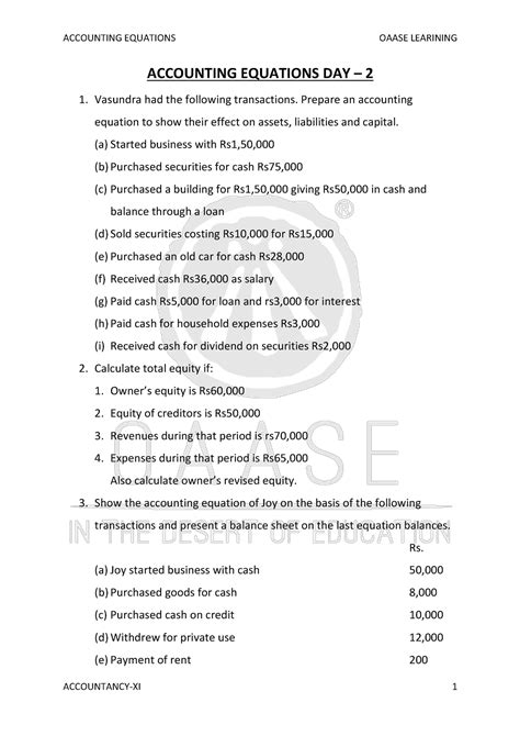 Accounting Equations Day Accounting Equations Oaase Learining