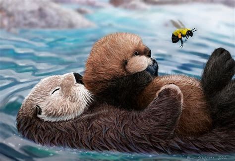 sea otter mom, pup, and bumblebee by Psithyrus on DeviantArt